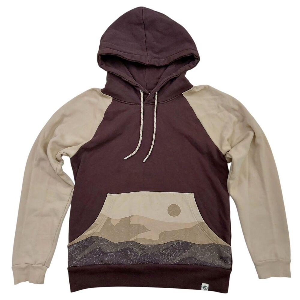 Happy Earth Mens Small Brown Beige Organic Cotton Mountain Colorblock Hoodie